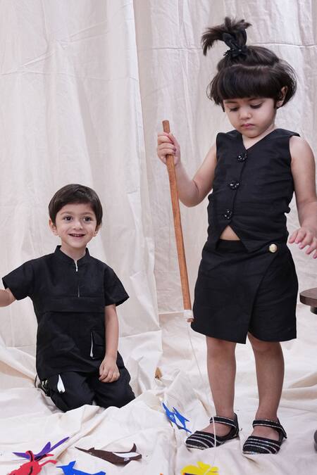 Funny Bones Clothings_Black Linen Shirt And Trouser Set _at_Aza_Fashions