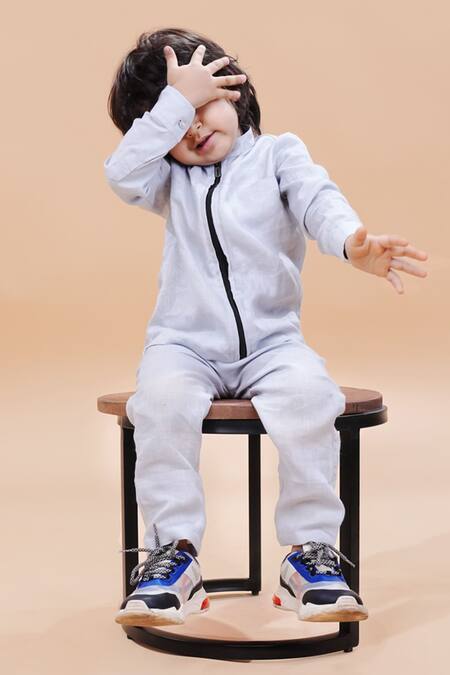 Funny Bones Clothings_Gray Linen Jacket And Trouser Set _Online_at_Aza_Fashions