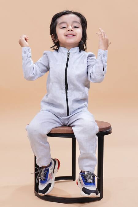 Buy_Funny Bones Clothings_Gray Linen Jacket And Trouser Set _Online_at_Aza_Fashions