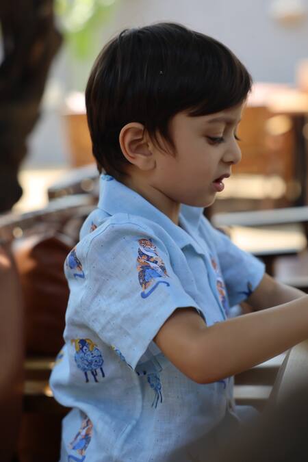 Funny Bones Clothings_Blue Linen The Royal Toika Print Shirt And Shorts Set _Online_at_Aza_Fashions