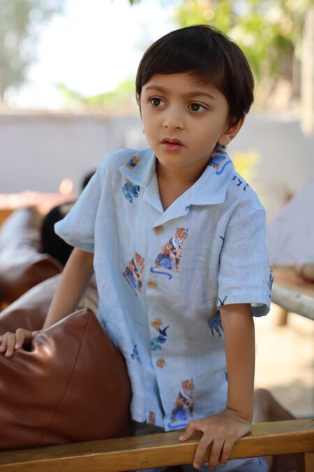 Buy_Funny Bones Clothings_Blue Linen The Royal Toika Print Shirt And Shorts Set _Online_at_Aza_Fashions