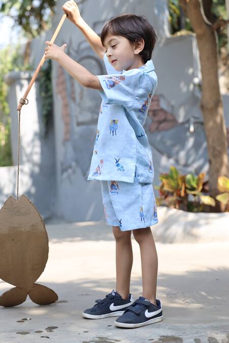 Shop_Funny Bones Clothings_Blue Linen The Royal Toika Print Shirt And Shorts Set _Online_at_Aza_Fashions