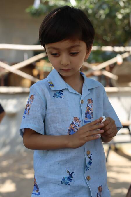 Funny Bones Clothings_Blue Linen The Royal Toika Print Shirt And Shorts Set _at_Aza_Fashions