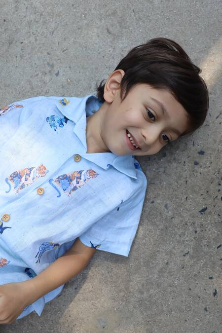 Shop_Funny Bones Clothings_Blue Linen The Royal Toika Print Shirt And Shorts Set 