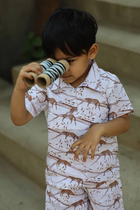 Buy_Funny Bones Clothings_White Linen The Mystic Felines Print Shorts Set _Online_at_Aza_Fashions