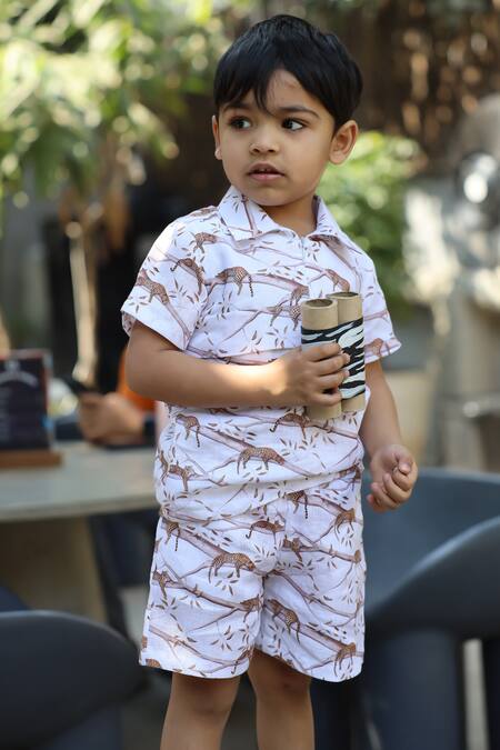 Funny Bones Clothings_White Linen The Mystic Felines Print Shorts Set _at_Aza_Fashions