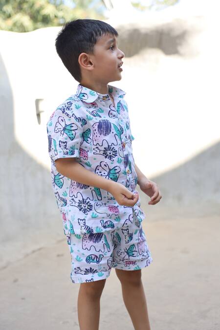 Funny Bones Clothings_Multi Color Linen The Funny Fables Print Shorts Set _Online_at_Aza_Fashions