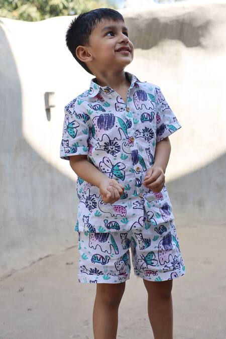 Shop_Funny Bones Clothings_Multi Color Linen The Funny Fables Print Shorts Set _Online_at_Aza_Fashions