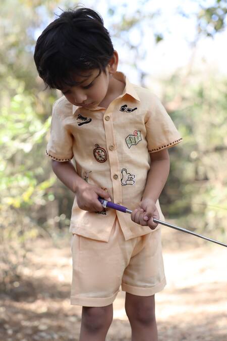 Funny Bones Clothings_Peach Linen Embroidery Printed Shorts Set _Online_at_Aza_Fashions