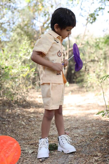 Shop_Funny Bones Clothings_Peach Linen Embroidery Printed Shorts Set _Online_at_Aza_Fashions