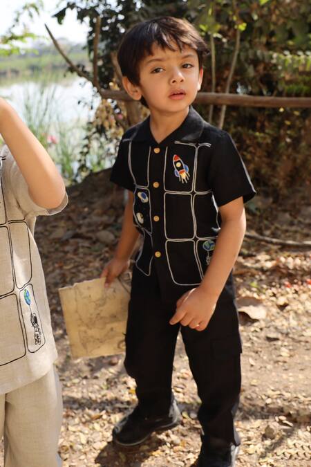 Funny Bones Clothings_Black Linen Embroidery The Imperial Stars Shirt With Trouser _Online_at_Aza_Fashions