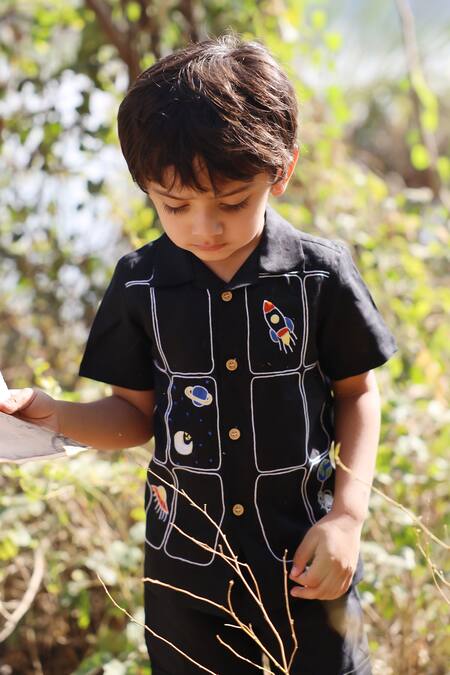 Buy_Funny Bones Clothings_Black Linen Embroidery The Imperial Stars Shirt With Trouser _Online_at_Aza_Fashions