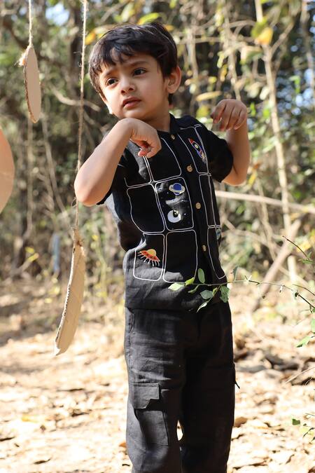 Funny Bones Clothings_Black Linen Embroidery The Imperial Stars Shirt With Trouser _at_Aza_Fashions