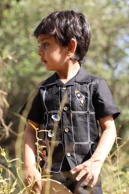 Buy_Funny Bones Clothings_Black Linen Embroidery The Imperial Stars Shirt With Trouser 