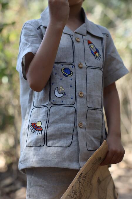 Funny Bones Clothings_Beige Linen Embroidery The Imperial Stars Shirt With Trouser _at_Aza_Fashions