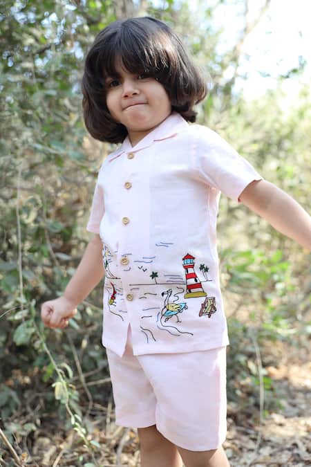 Shop_Funny Bones Clothings_Pink Linen Embroidery Serenity By Shore Printed Set _Online_at_Aza_Fashions