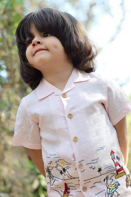 Funny Bones Clothings_Pink Linen Embroidery Serenity By Shore Printed Set _at_Aza_Fashions