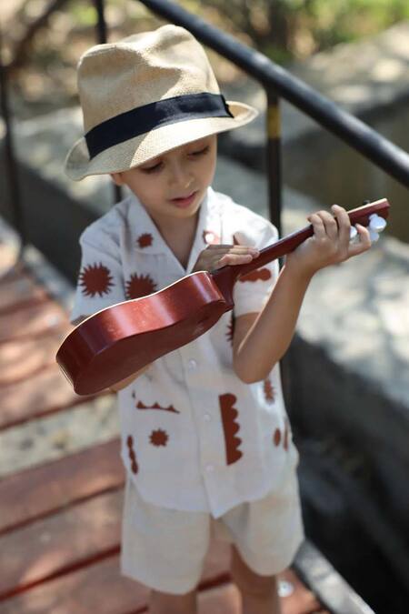 Funny Bones Clothings_Off White Cotton, Linen The Timeless Leather Artistry Shirt And Shorts Set _Online_at_Aza_Fashions
