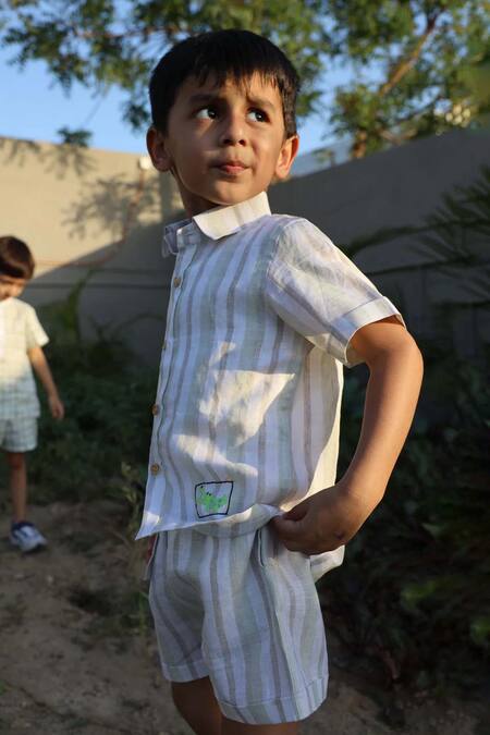 Shop Funny Bones Clothings Multi Color Linen Stripes And Croc Charm Pure Shirt With Shorts Online at Aza Fashions Shop_Funny Bones Clothings_Multi Color Linen Stripes And Croc Charm Pure Shirt With Shorts _Online_at_Aza_Fashions