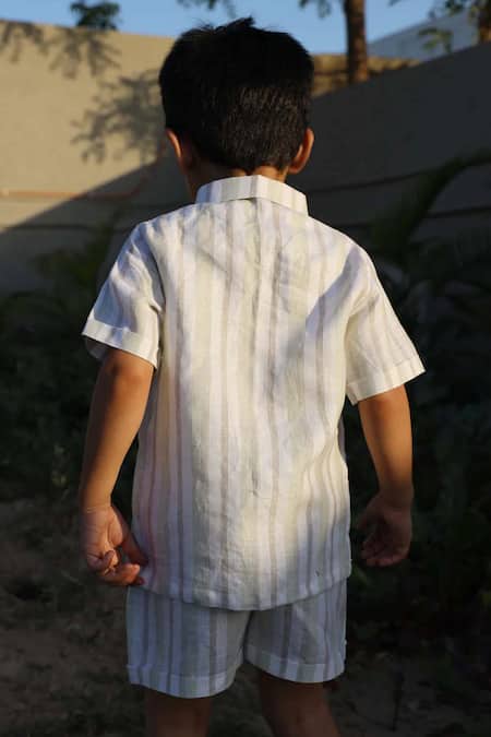 Funny Bones Clothings Stripes & Croc Charm Pure Linen Shirt With Shorts 