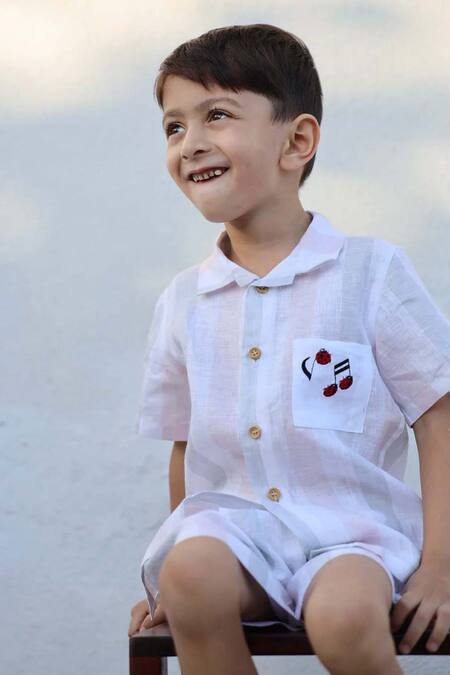 Buy_Funny Bones Clothings_Multi Color Linen Embroidery Melodic Stripes Pure Shirt With Shorts _Online_at_Aza_Fashions