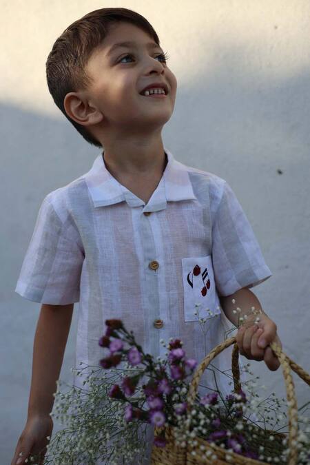 Shop_Funny Bones Clothings_Multi Color Linen Embroidery Melodic Stripes Pure Shirt With Shorts _Online_at_Aza_Fashions