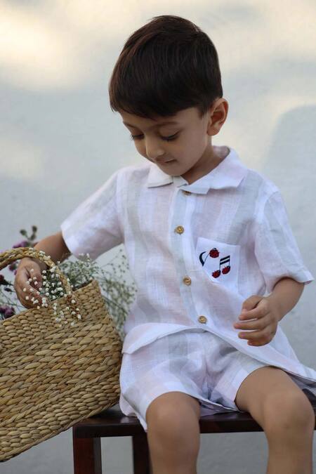 Funny Bones Clothings_Multi Color Linen Embroidery Melodic Stripes Pure Shirt With Shorts _at_Aza_Fashions