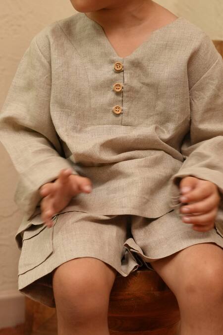 Funny Bones Clothings_Beige Linen Ease Shirt With Shorts _at_Aza_Fashions