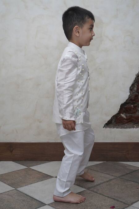 Buy_Funny Bones Clothings_Off White Muslin, Silk Pearls Embedded Nehru Jacket Set _Online_at_Aza_Fashions