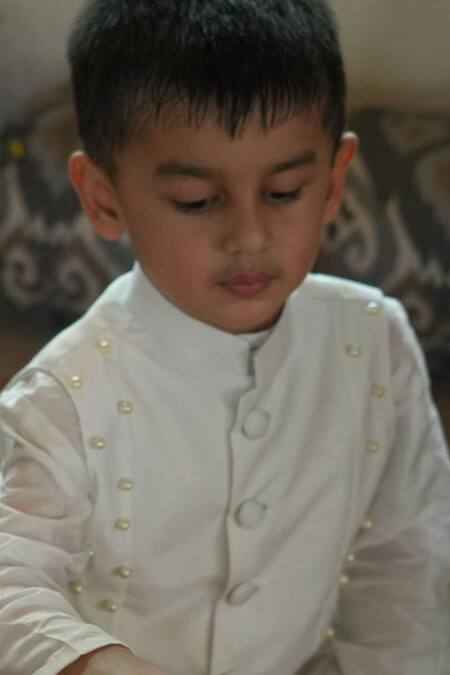 Shop_Funny Bones Clothings_Off White Muslin, Silk Pearls Embedded Nehru Jacket Set _Online_at_Aza_Fashions