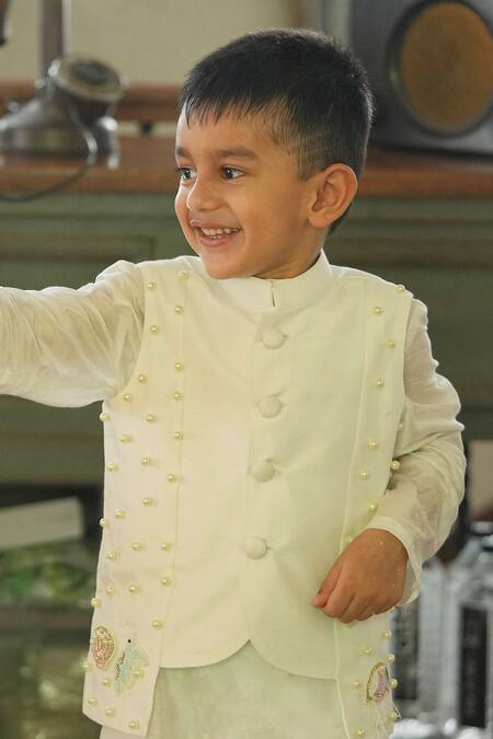 Funny Bones Clothings_Off White Muslin, Silk Pearls Embedded Nehru Jacket Set _at_Aza_Fashions