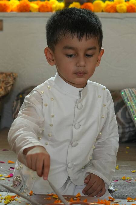 Buy_Funny Bones Clothings_Off White Muslin, Silk Pearls Embedded Nehru Jacket Set 