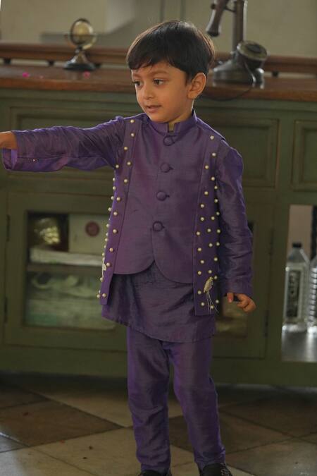 Buy_Funny Bones Clothings_Purple Muslin, Silk Pearls Embedded Nehru Jacket Set _Online_at_Aza_Fashions