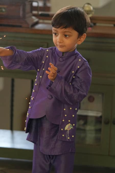 Funny Bones Clothings_Purple Muslin, Silk Pearls Embedded Nehru Jacket Set _at_Aza_Fashions