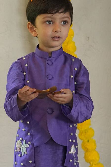 Buy_Funny Bones Clothings_Purple Muslin, Silk Pearls Embedded Nehru Jacket Set 