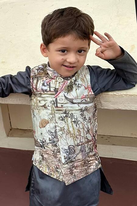 Shop_Funny Bones Clothings_Multi Color Muslin, Silk The Bagh E Khaas Print Bundi Set _Online_at_Aza_Fashions