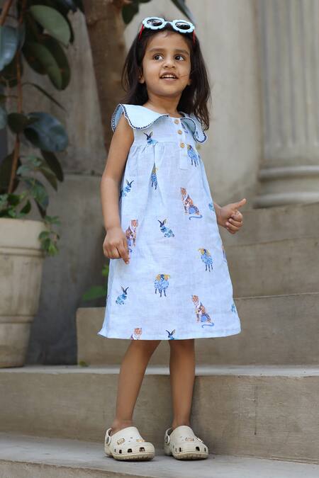 Funny Bones Clothings_Blue Linen The Royal Toika Print Pure Dress _Online_at_Aza_Fashions