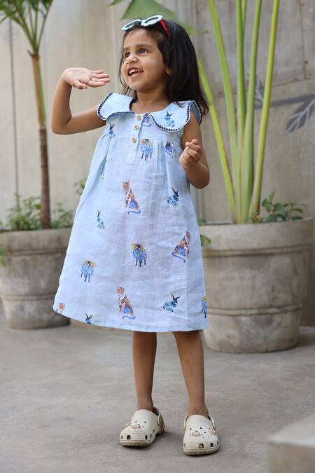 Shop_Funny Bones Clothings_Blue Linen The Royal Toika Print Pure Dress _Online_at_Aza_Fashions