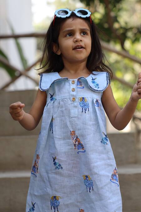 Funny Bones Clothings_Blue Linen The Royal Toika Print Pure Dress _at_Aza_Fashions