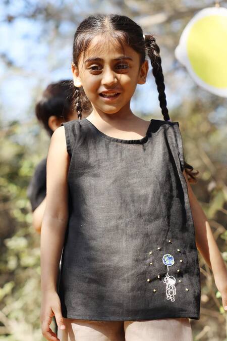 Funny Bones Clothings_Black Linen Embroidery Zero Gravity Pure Top And Pant Set _Online_at_Aza_Fashions