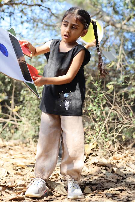 Shop_Funny Bones Clothings_Black Linen Embroidery Zero Gravity Pure Top And Pant Set _Online_at_Aza_Fashions