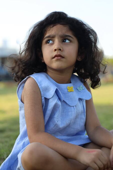 Funny Bones Clothings_Sky Blue Linen Applique Whispering Butterflies Pure Dress _Online_at_Aza_Fashions