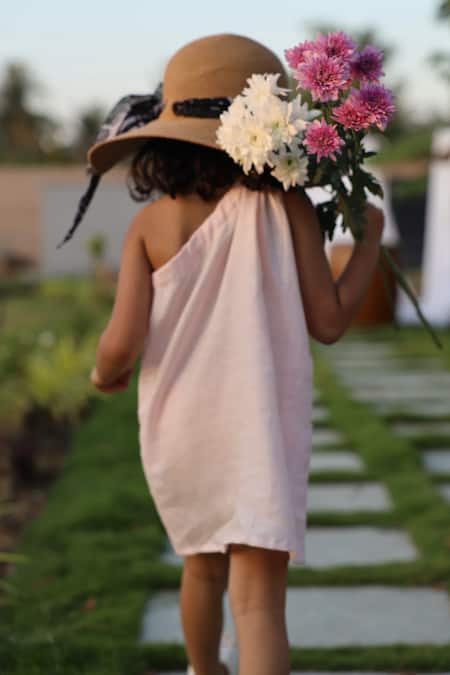 Funny Bones Clothings_Pink Linen Embroidery Little Bloom Pure Dress _Online_at_Aza_Fashions