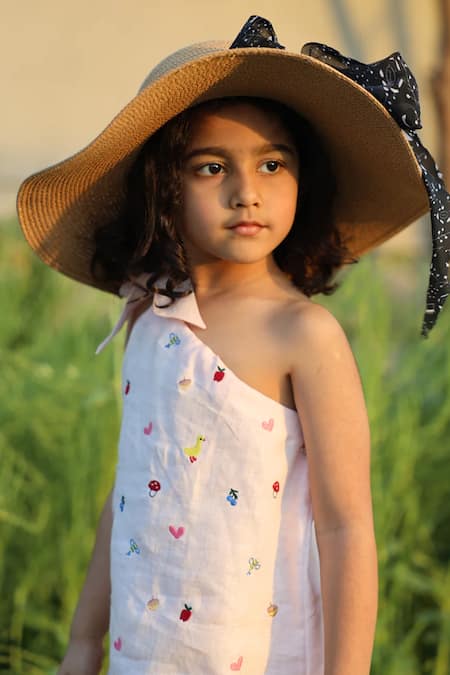 Shop_Funny Bones Clothings_Pink Linen Embroidery Little Bloom Pure Dress _Online_at_Aza_Fashions