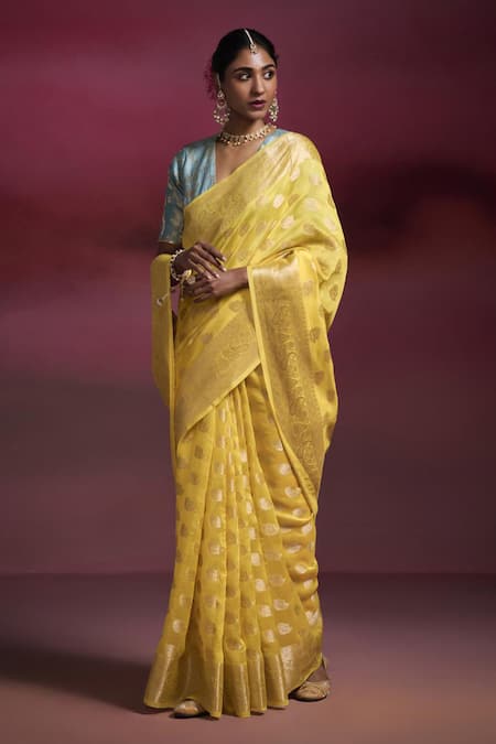 Dressfolk_Yellow Silk, Brocade Zari, Beads Sunshine Woven Saree With Running Blouse _Online_at_Aza_Fashions