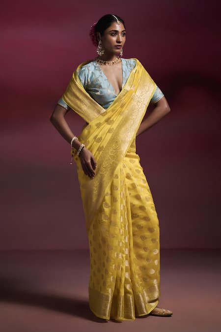 Buy_Dressfolk_Yellow Silk, Brocade Zari, Beads Sunshine Woven Saree With Running Blouse _Online_at_Aza_Fashions