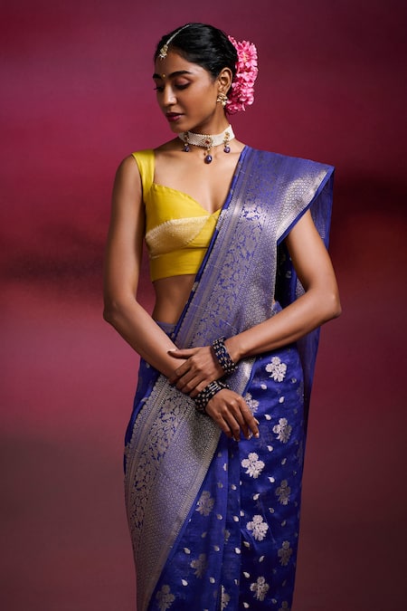 Buy_Dressfolk_Blue Silk Zari Kashibai Floral Butta Saree With Running Blouse_Online_at_Aza_Fashions