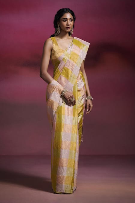 Dressfolk_Peach Tissue Meenamma Metallic Checks Saree With Running Blouse _Online_at_Aza_Fashions