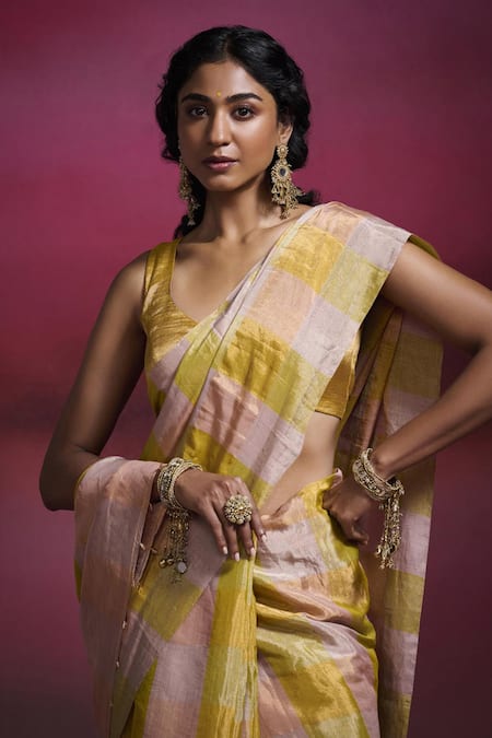 Buy_Dressfolk_Peach Tissue Meenamma Metallic Checks Saree With Running Blouse _Online_at_Aza_Fashions