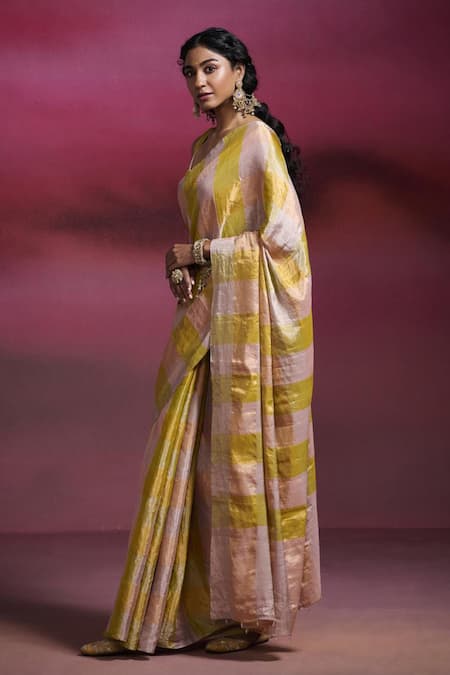 Shop_Dressfolk_Peach Tissue Meenamma Metallic Checks Saree With Running Blouse _Online_at_Aza_Fashions